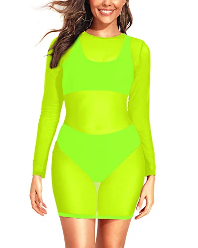 Long Sleeves Sheer Mesh Women's Sexy Swimsuit Cover-up Beach Dress M / neon green1 Long Sleeves Sheer Mesh Women's Sexy Swimsuit Cover-up Beach Dress M / neon green1