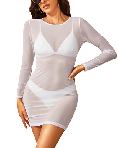Women's Sexy Sheer Mesh Swimsuit Cover-up with Long Sleeves Beach Dress L / white1 Women's Sexy Sheer Mesh Swimsuit Cover-up with Long Sleeves Beach Dress L / white1