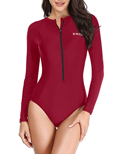 Long Sleeve One Piece Rash Guard Bathing Suit For Women Zipper-Red – Daci