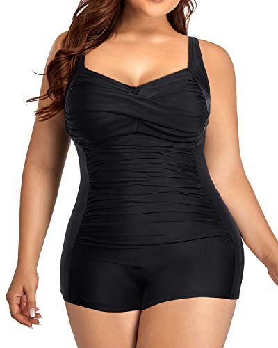 Retro Twist Front Plus Size One Piece Swimsuits For Curvy Women-Black