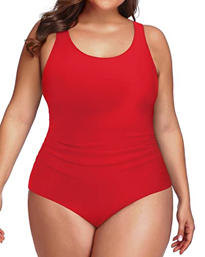 Full Coverage Backless Plus Size Sporty Swimwear-Red