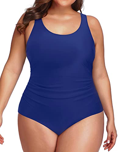 Athletic Backless Plus Size One Piece Bathing Suit For Curvy Women-Blue