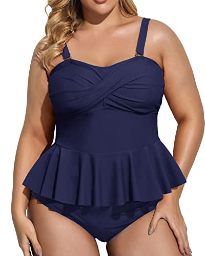 Strapless Bandeau Peplum Tankini High Waisted Tummy Control Bottom Plus  Size Swimsuit-Navy Blue