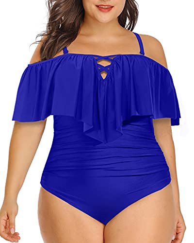 Septangle Plus Size Swimsuits For Women - Ruffled Tankini Top & Tummy Control Bottom, Navy Blue, US Size 20