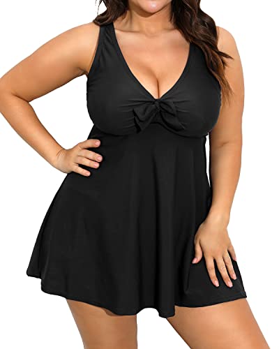 Flowy Plus Size Swim Dress Tummy Control Boyshorts-Black 12W / Black11 Flowy Plus Size Swim Dress Tummy Control Boyshorts-Black 12W / Black11