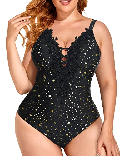 Plunging Sexy Plus Size One Piece Swimsuits For Women-Gold Stars Daci Plunging Sexy Plus Size One Piece Swimsuits For Women-Gold Stars Daci