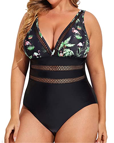 Ladies Sexy Mesh V-Neck Slimming One Piece Swimsuits-Black Palm Tree Daci Ladies Sexy Mesh V-Neck Slimming One Piece Swimsuits-Black Palm Tree Daci