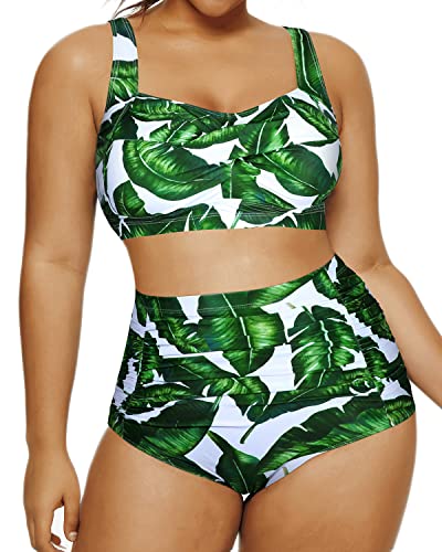 Two Piece Retro High Waisted Swimsuit Ruched Bottom-Green Leaf main image 1