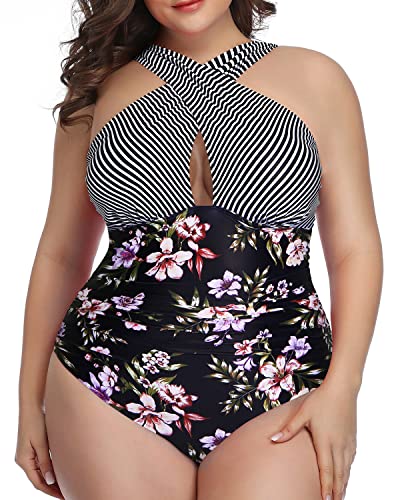 Front Cross Backless Plus Size Swimwear For Women-Stripes And