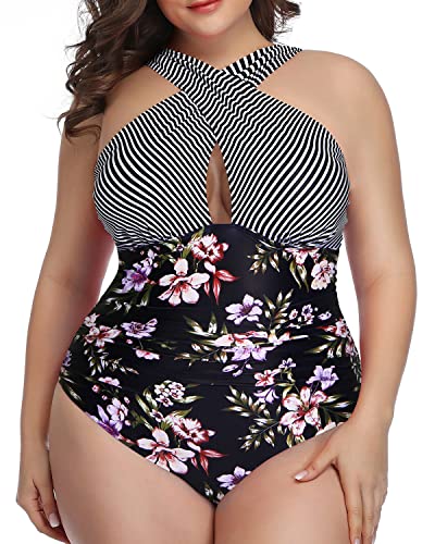 Front Cross Backless Plus Size Swimwear For Women-Stripes And 