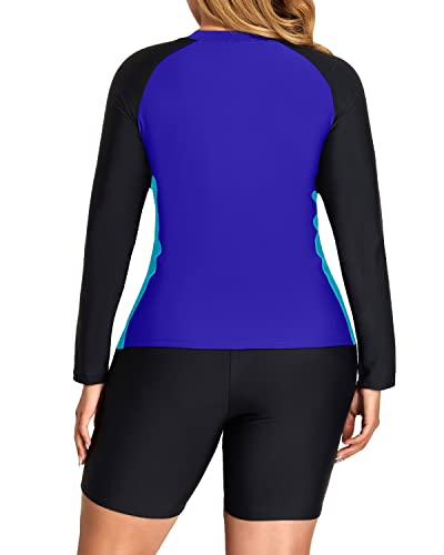 Stylish Athletic Swimwear Plus Size Long Sleeve Zip Front Rash Guard Swimsuit for Women