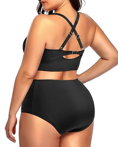 Plus Size Shirred Bandeau Bikini Top & High Waist Two Piece Set