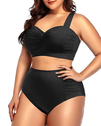 Plus Size Shirred Bandeau Bikini Top & High Waist Two Piece Set