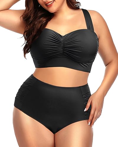Plus Size Shirred Bandeau Bikini Top & High Waist Two Piece Set