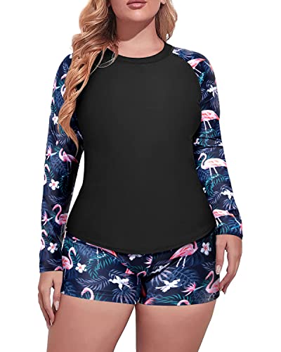 Women Plus Size 2 Piece Long Sleeve Rash Guard Swimsuit UPF 50+