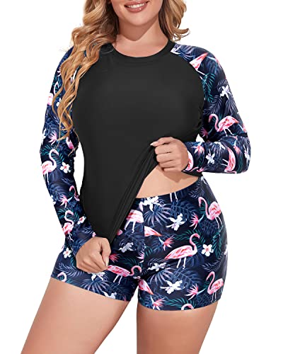 Women Plus Size 2 Piece Long Sleeve Rash Guard Swimsuit UPF 50+