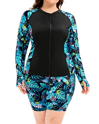 Women's Plus Size Athletic Two Piece Rash Guard Sets Sun Protection Swim Shirt