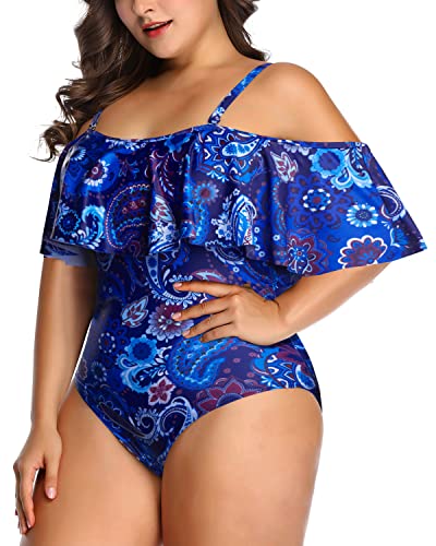 Women Off Shoulder Plus Size One Piece Swimsuits Tummy Control Ruffle Swimwear