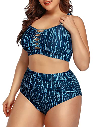Plus Size Lace Up Bikini High Waisted Two Piece Bathing Suit for Women