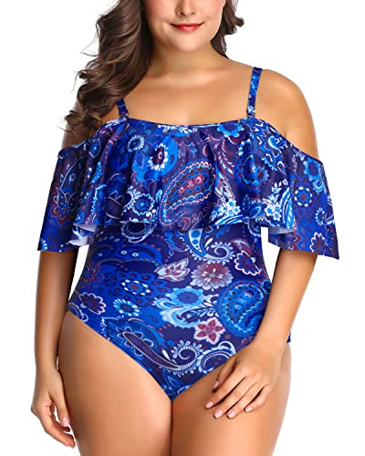 Women Off Shoulder Plus Size One Piece Swimsuits Tummy Control Ruffle Swimwear