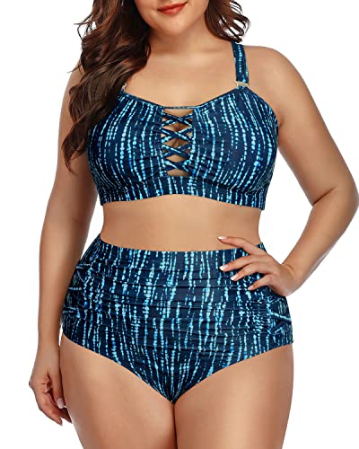 Plus Size Lace Up Bikini High Waisted Two Piece Bathing Suit for Women