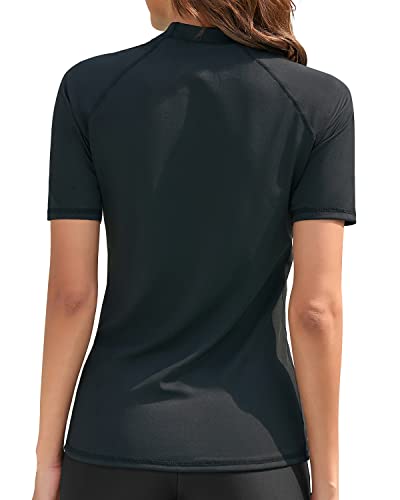 Women's Upf 50+ Sun Protection Short Sleeve Rashguard Top Swim Shirt-Black