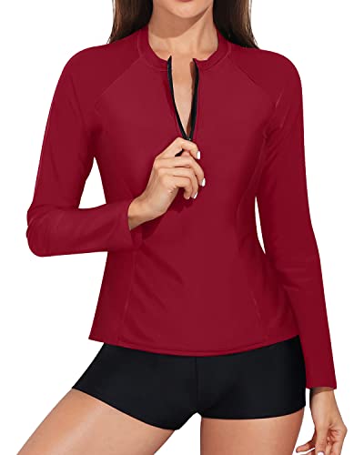 Women's Long Sleeve Rash Guard Built-In Bra And Boy Shorts-Red
