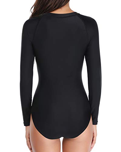 Women's Upf 50+ Zipper Rash Guard One Piece Swimsuit For Sun Protection-Black Leaf