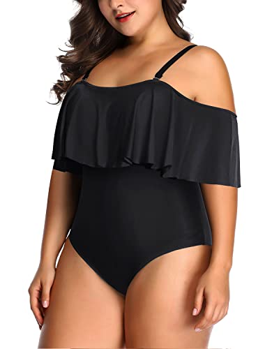 Adjustable Strap Flounce Top One Piece Swimwear For Women-Black