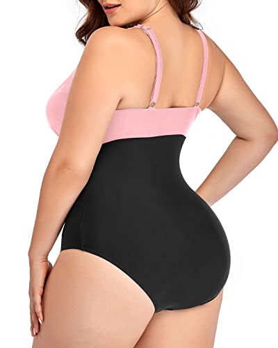 Cheeky See-Through Hollow Out One Piece Plus Size Bathing Suit-Pink And Black