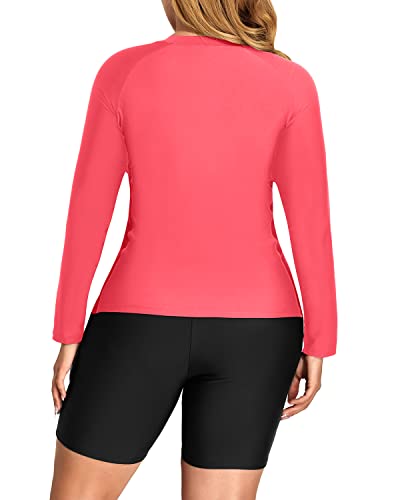 Women's Long Sleeve Plus Size Rash Guard Tankini Boy Shorts Swimsuit-Red
