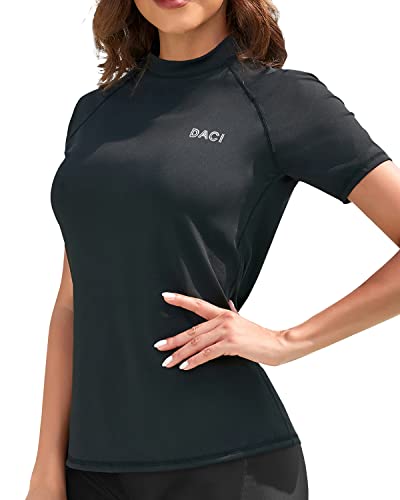 Women's Upf 50+ Sun Protection Short Sleeve Rashguard Top Swim Shirt-Black