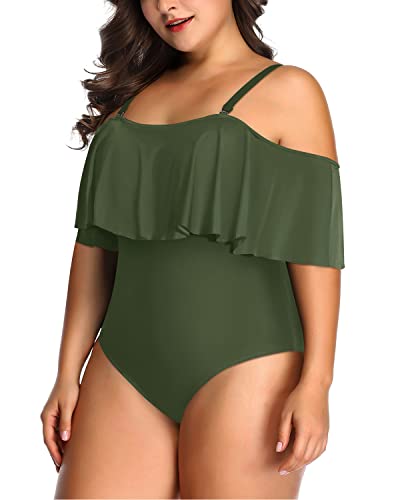 Charming And Cute Off Shoulder Ruffle Plus Size Swimsuit-Army Green