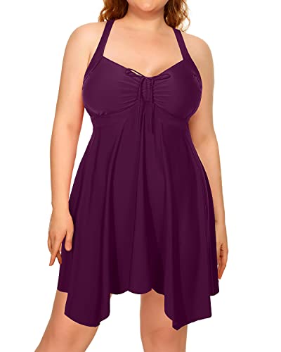 Adjustable Drawstring Plus Size Flowy Tankini Swimsuits For Women-Maroon