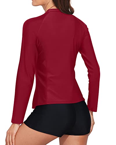 Women's Long Sleeve Rash Guard Built-In Bra And Boy Shorts-Red