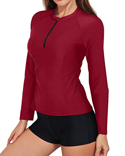 Women's Long Sleeve Rash Guard Built-In Bra And Boy Shorts-Red