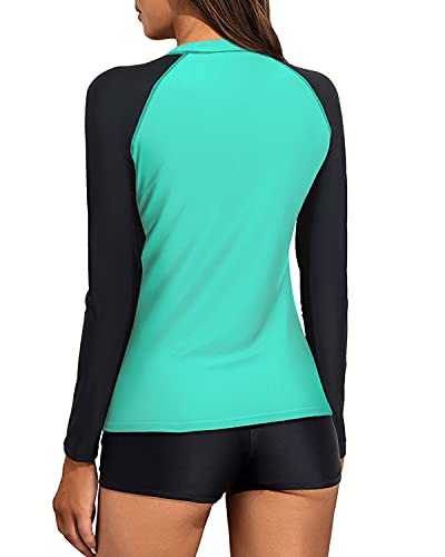 Uv Protection Women's Two Piece Long Sleeve Rash Guard Swimsuit-Aqua