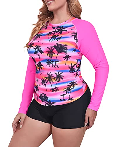Plus Size Rash Guard Top And Boyshort Swimsuit Set For Women-Pink Palm