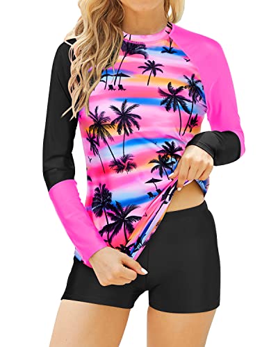 Sporty Raglan Sleeves Rash Guard Long Sleeve Swimming Suits Women-Pink Palm