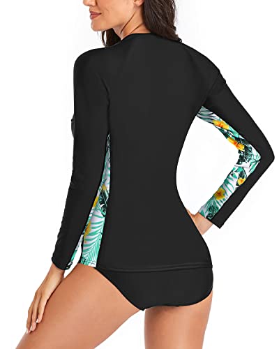Women 2 Piece Rash Guard Zipper Long Sleeve Swimsuit-Black Leaf