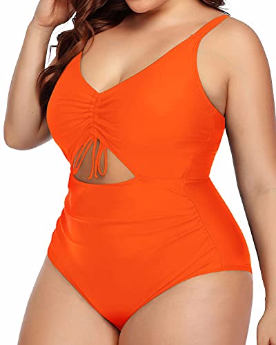 Fashionable Drawstring Cutout Plus Size Monokini Swimsuits-Neon Orange