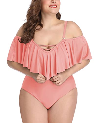 Adjustable Strap Off Shoulder Flounce Bathing Suits-Coral Pink