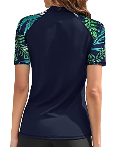 Breathable Women's Swim Top Short Sleeve Rashguard Top Swim Shirt-Blue Green Leaves