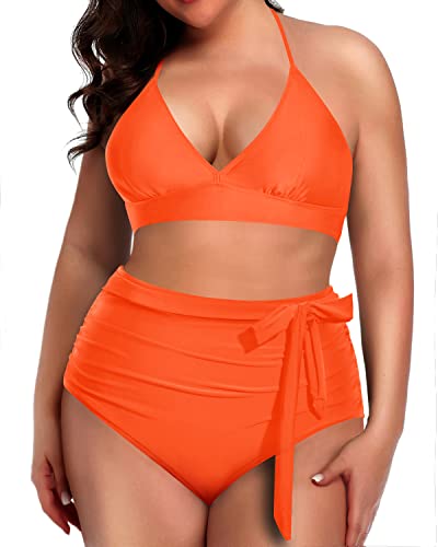 Two Piece Retro-Inspired Knotted High Waisted Bikini For Plus Size Women-Neon Orange