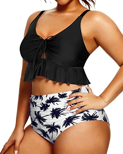 High Waisted Ruched Bikini Bottoms Plus Size Swimsuit-Black Palm Tree