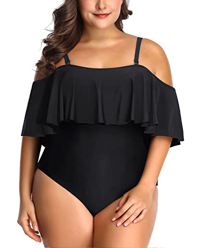 Adjustable Strap Flounce Top One Piece Swimwear For Women-Black