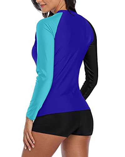Women's Two Piece Rash Guard Swimsuit Set Boyshort Bottom-Black Blue Splicing