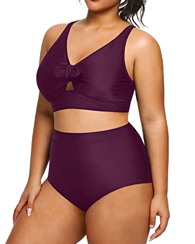 High Waisted Plus Size Bathing Suit 2 Piece Swimsuit-Maroon