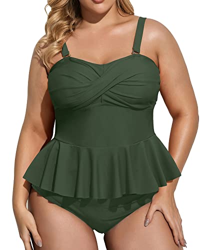 Adjustable Strap Peplum Tankini High Waisted Bottom Bathing Suits-Army Green