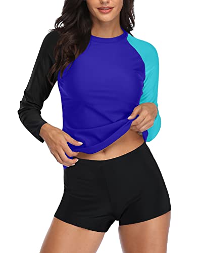 Women's Two Piece Rash Guard Swimsuit Set Boyshort Bottom-Black Blue Splicing